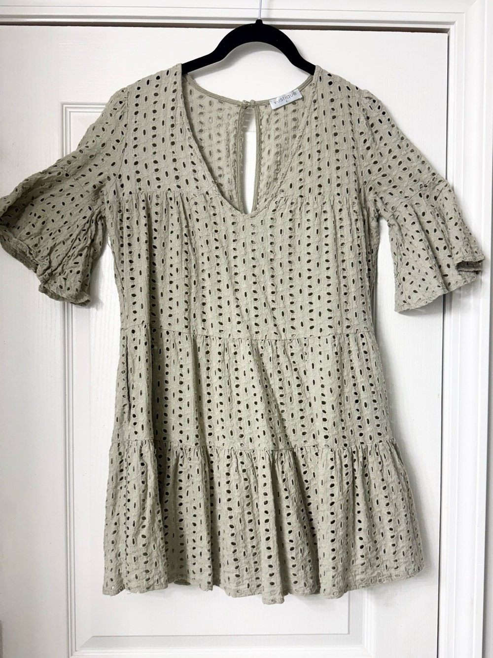 Vestique Light Sage Eyelet Tiered Midi Dress